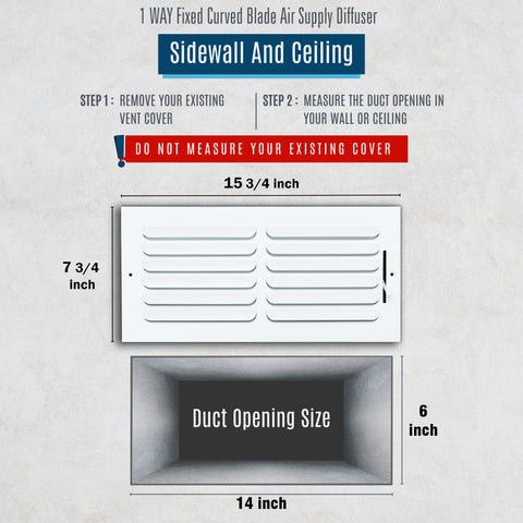 14"x6" 1-Way White Steel Fixed Curved Blade Air Supply Diffuser, Directional Register Vent Cover for Sidewall Or Ceiling