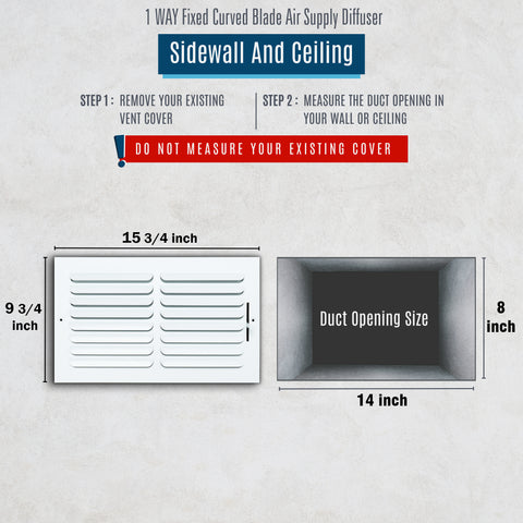 14"x8" 1-Way White Steel Fixed Curved Blade Air Supply Diffuser, Directional Register Vent Cover for Sidewall Or Ceiling