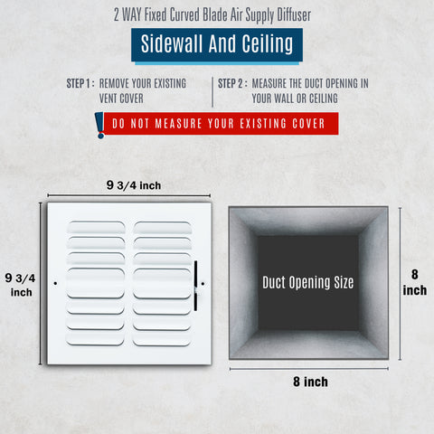 8"x8" 2-Way White Steel Fixed Curved Blade Air Supply Diffuser, Directional Register Vent Cover for Sidewall Or Ceiling