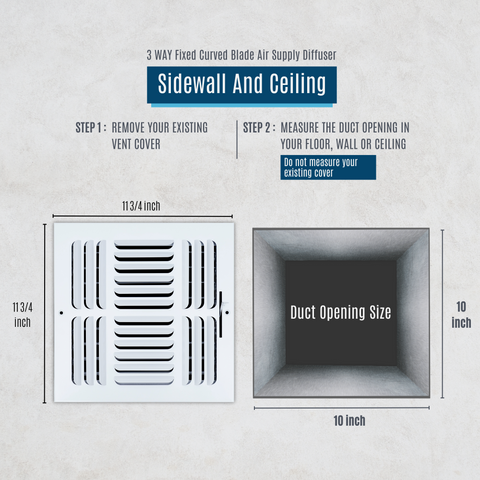 10"x10" 3-Way White Steel Fixed Curved Blade Air Supply Diffuser, Directional Register Vent Cover for Sidewall Or Ceiling