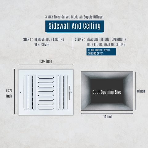 10"x8" 3-Way White Steel Fixed Curved Blade Air Supply Diffuser, Directional Register Vent Cover for Sidewall Or Ceiling