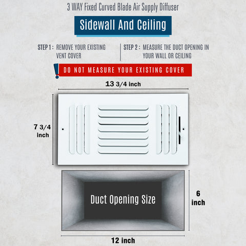 12"x6" 3-Way White Steel Fixed Curved Blade Air Supply Diffuser, Directional Register Vent Cover for Sidewall Or Ceiling