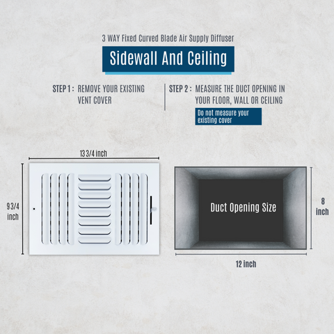 12"x8" 3-Way White Steel Fixed Curved Blade Air Supply Diffuser, Directional Register Vent Cover for Sidewall Or Ceiling