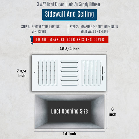 14"x6" 3-Way White Steel Fixed Curved Blade Air Supply Diffuser, Directional Register Vent Cover for Sidewall Or Ceiling