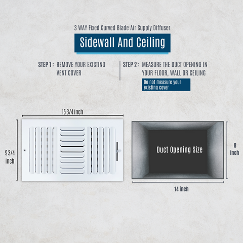 14"x8" 3-Way White Steel Fixed Curved Blade Air Supply Diffuser, Directional Register Vent Cover for Sidewall Or Ceiling