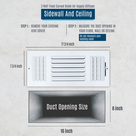 16"x6" 3-Way White Steel Fixed Curved Blade Air Supply Diffuser, Directional Register Vent Cover for Sidewall Or Ceiling