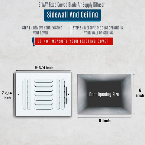 8"x6" 3-Way White Steel Fixed Curved Blade Air Supply Diffuser, Directional Register Vent Cover for Sidewall Or Ceiling