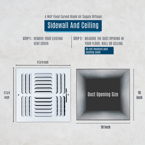 10"x10" 4-Way White Steel Fixed Curved Blade Air Supply Diffuser, Directional Register Vent Cover for Sidewall Or Ceiling