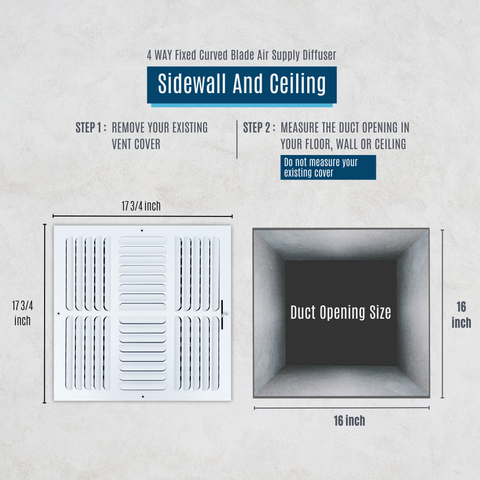 16"x16" 4-Way White Steel Fixed Curved Blade Air Supply Diffuser, Directional Register Vent Cover for Sidewall Or Ceiling