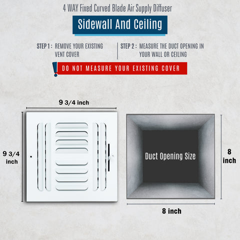 8"x8" 4-Way White Steel Fixed Curved Blade Air Supply Diffuser, Directional Register Vent Cover for Sidewall Or Ceiling