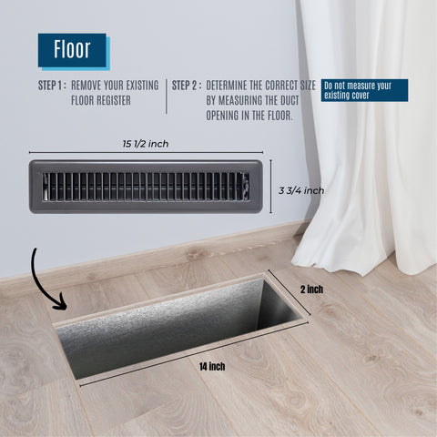 2"x14" Black Steel Floor Register, Walkable Heavy-Duty Louvered Vent Cover with Damper