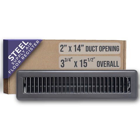 2"x14" Black Steel Floor Register, Walkable Heavy-Duty Louvered Vent Cover with Damper
