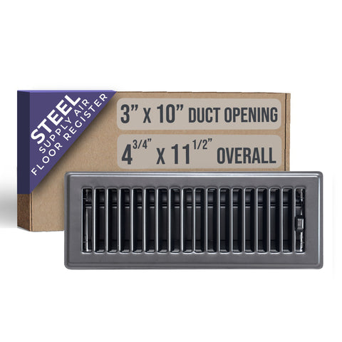 3"x10" Black Steel Floor Register, Walkable Heavy-Duty Louvered Vent Cover with Damper