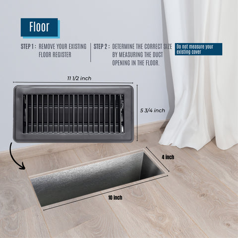 4"x10" Black Steel Floor Register, Walkable Heavy-Duty Louvered Vent Cover with Damper