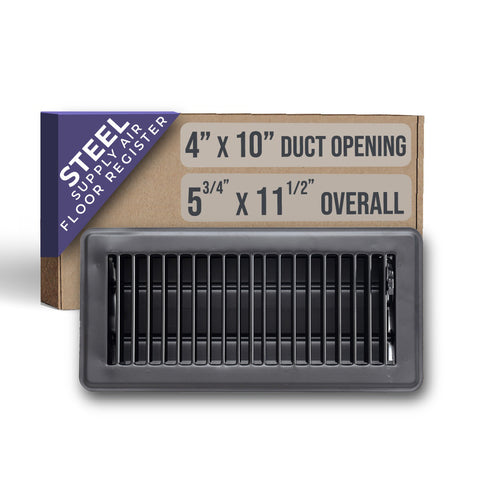 4"x10" Black Steel Floor Register, Walkable Heavy-Duty Louvered Vent Cover with Damper