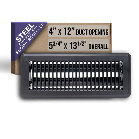 4"x12" Black Steel Floor Register, Walkable Heavy-Duty Louvered Vent Cover with Damper