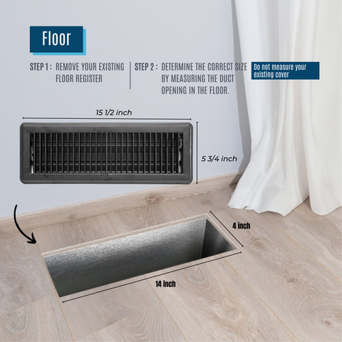 4"x14" Black Steel Floor Register, Walkable Heavy-Duty Louvered Vent Cover with Damper