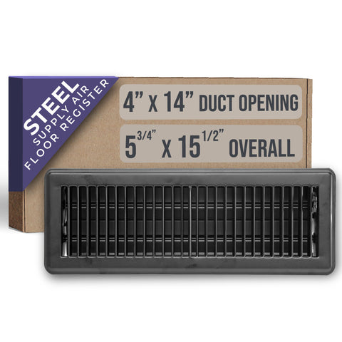 4"x14" Black Steel Floor Register, Walkable Heavy-Duty Louvered Vent Cover with Damper