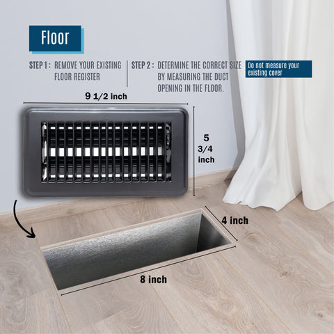 4"x8" Black Steel Floor Register, Walkable Heavy-Duty Louvered Vent Cover with Damper
