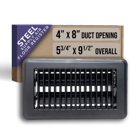 4"x8" Black Steel Floor Register, Walkable Heavy-Duty Louvered Vent Cover with Damper