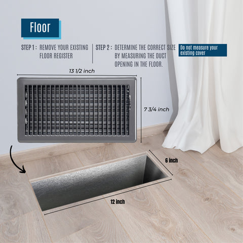 6"x12" Black Steel Floor Register, Walkable Heavy-Duty Louvered Vent Cover with Damper