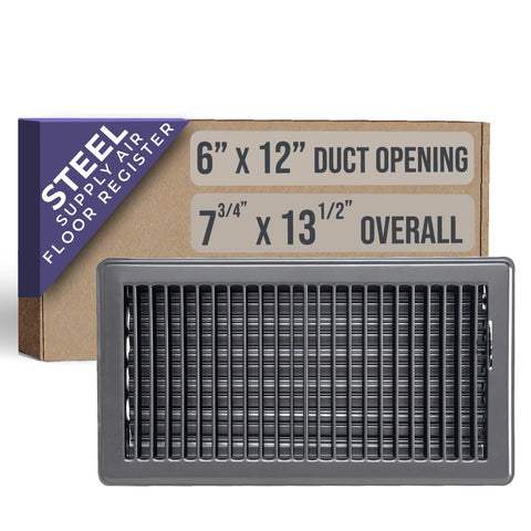 6"x12" Black Steel Floor Register, Walkable Heavy-Duty Louvered Vent Cover with Damper