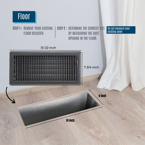 6"x14" Black Steel Floor Register, Walkable Heavy-Duty Louvered Vent Cover with Damper