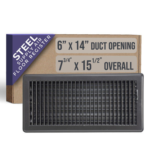 6"x14" Black Steel Floor Register, Walkable Heavy-Duty Louvered Vent Cover with Damper