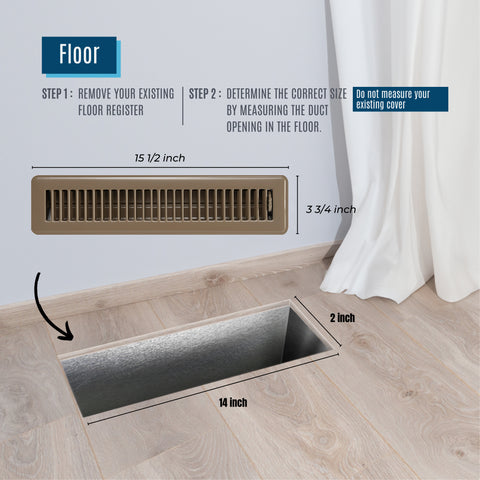 14"x2" Brown Steel Floor Register, Walkable Heavy-Duty Louvered Vent Cover with Damper