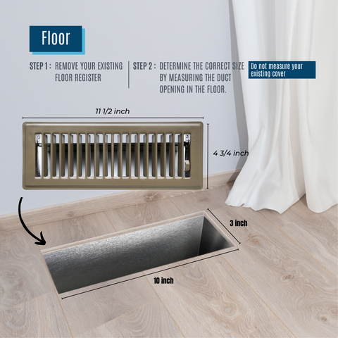 10"x3" Brown Steel Floor Register, Walkable Heavy-Duty Louvered Vent Cover with Damper