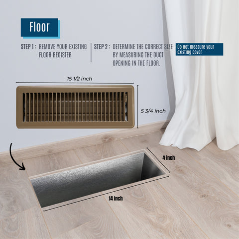 14"x4" Brown Steel Floor Register, Walkable Heavy-Duty Louvered Vent Cover with Damper