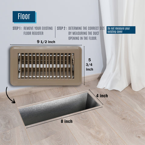 4"x8" Brown Steel Floor Register, Walkable Heavy-Duty Louvered Vent Cover with Damper