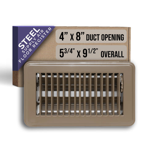 4"x8" Brown Steel Floor Register, Walkable Heavy-Duty Louvered Vent Cover with Damper