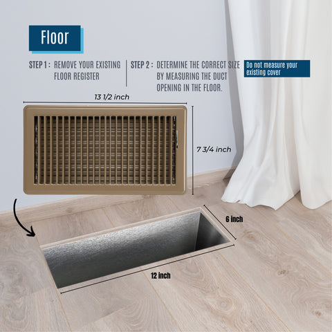 12"x6" Brown Steel Floor Register, Walkable Heavy-Duty Louvered Vent Cover with Damper