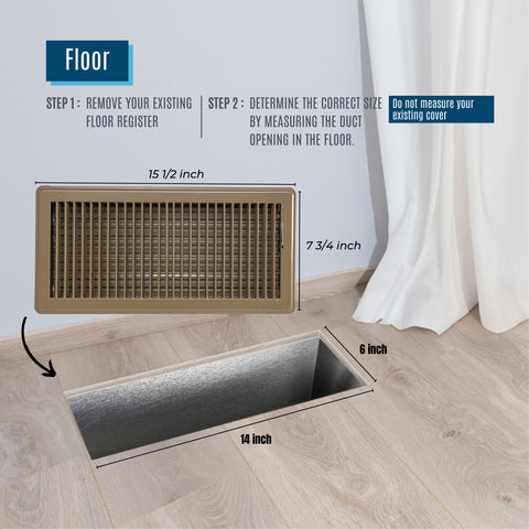14"x6" Brown Steel Floor Register, Walkable Heavy-Duty Louvered Vent Cover with Damper