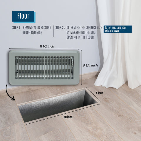 4"x10" Gray Steel Floor Register, Walkable Heavy-Duty Louvered Vent Cover with Damper