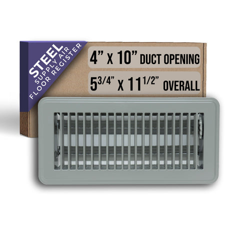 4"x10" Gray Steel Floor Register, Walkable Heavy-Duty Louvered Vent Cover with Damper