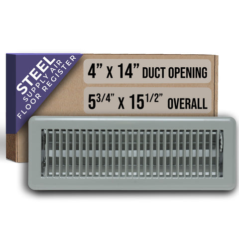 4"x14" Gray Steel Floor Register, Walkable Heavy-Duty Louvered Vent Cover with Damper