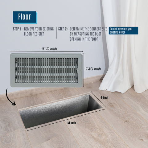 6"x14" Gray Steel Floor Register, Walkable Heavy-Duty Louvered Vent Cover with Damper
