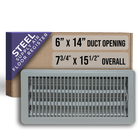 6"x14" Gray Steel Floor Register, Walkable Heavy-Duty Louvered Vent Cover with Damper