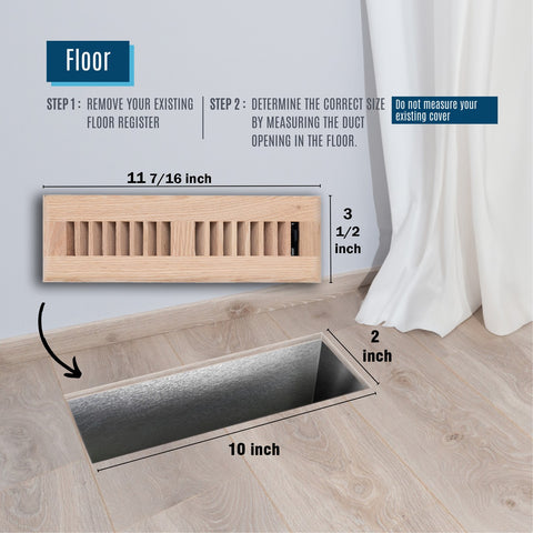 2"x10" Oak Wood Floor Register, Walkable Louvered Vent Cover with Damper