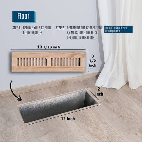 2"x12" Oak Wood Floor Register, Walkable Louvered Vent Cover with Damper