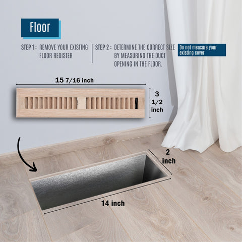 2"x14" Oak Wood Floor Register, Walkable Louvered Vent Cover with Damper
