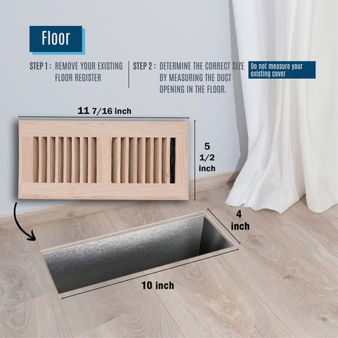 4"x10" Oak Wood Floor Register, Walkable Louvered Vent Cover with Damper