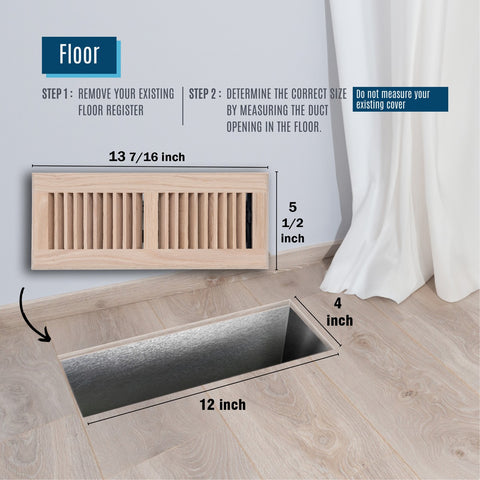 4"x12" Oak Wood Floor Register, Walkable Louvered Vent Cover with Damper