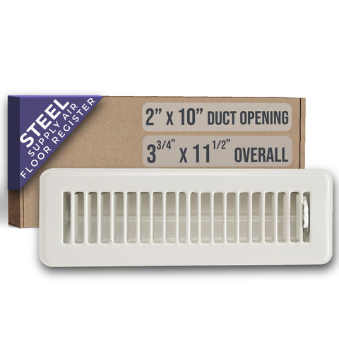 2"x10" White Steel Floor Register, Walkable Heavy-Duty Louvered Vent Cover with Damper