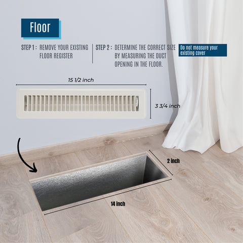2"x14" White Steel Floor Register, Walkable Heavy-Duty Louvered Vent Cover with Damper