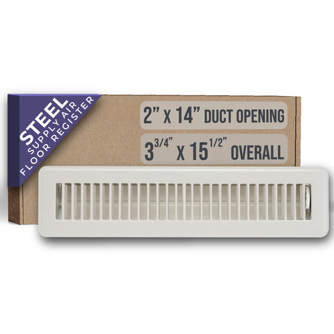 2"x14" White Steel Floor Register, Walkable Heavy-Duty Louvered Vent Cover with Damper