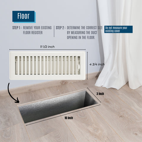 10"x3" White Steel Floor Register, Walkable Heavy-Duty Louvered Vent Cover with Damper