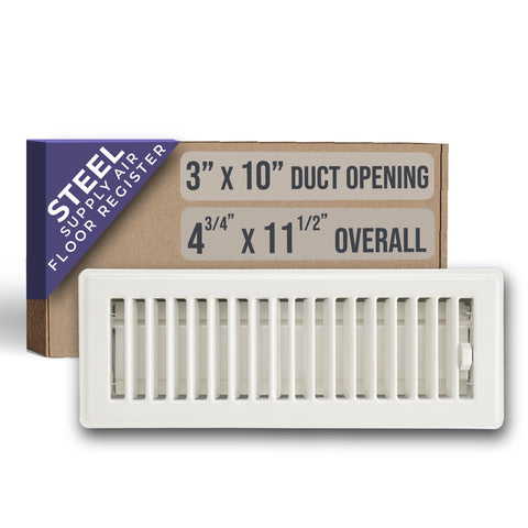 10"x3" White Steel Floor Register, Walkable Heavy-Duty Louvered Vent Cover with Damper